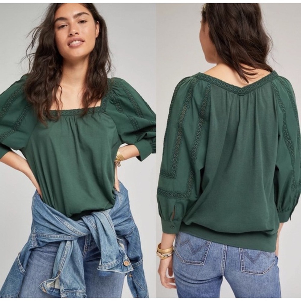 Anthropologie Chela Green Crochet Lace Trim Puff Sleeve Blouse Square Neck Top S